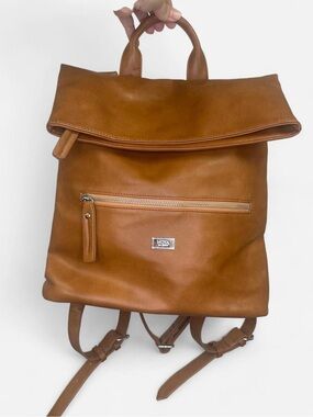 Tan Vegan Leather Fold Over  Backpack